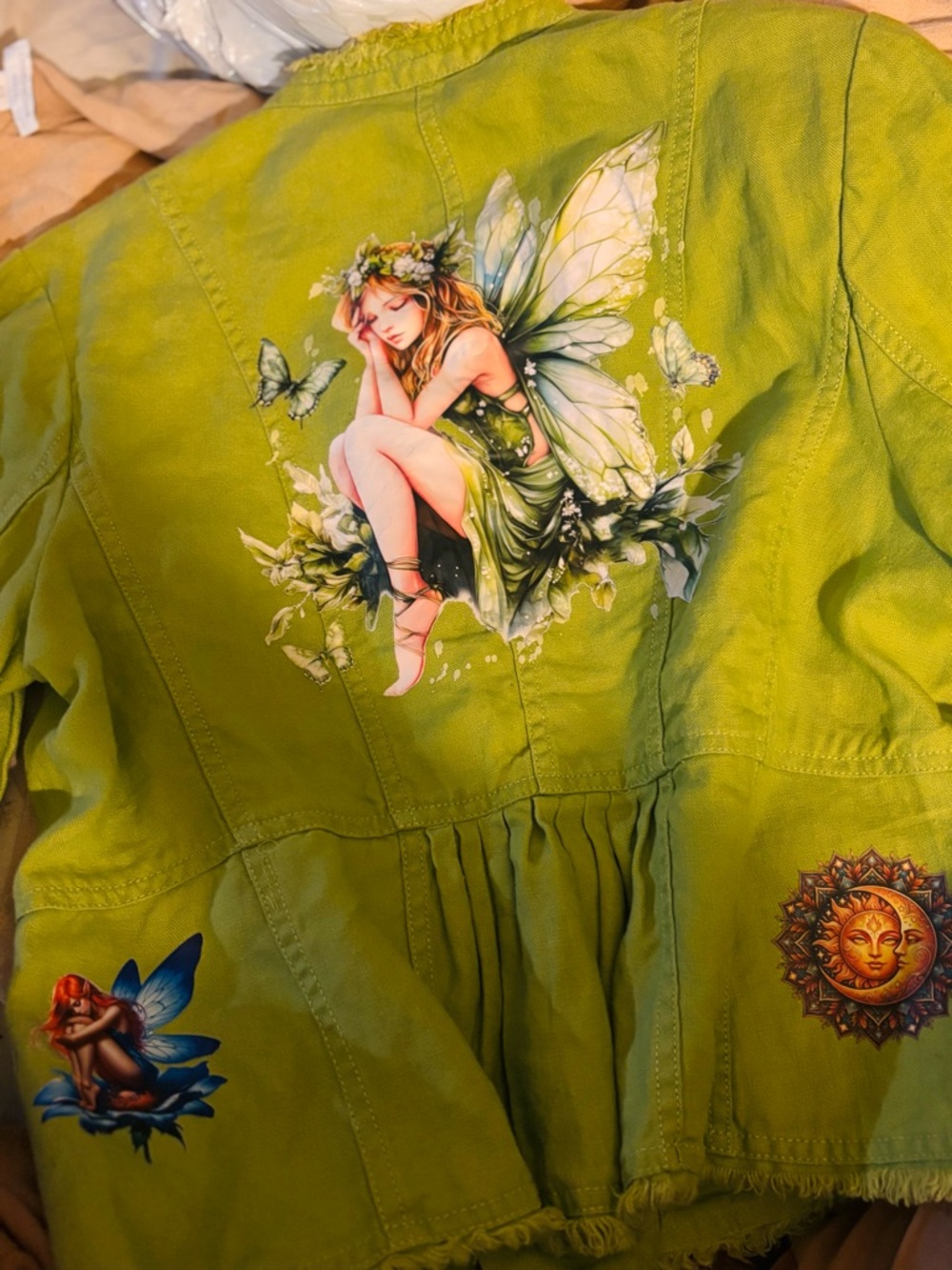Lime Green Fairy Print Jean Jacket for Women